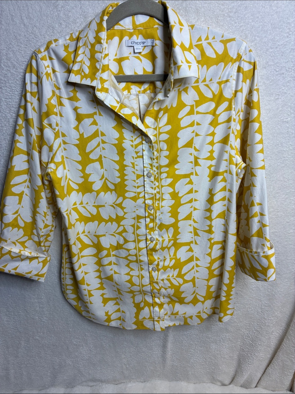 Chico's Yellow and White Leaf-Print Button-Down Shirt